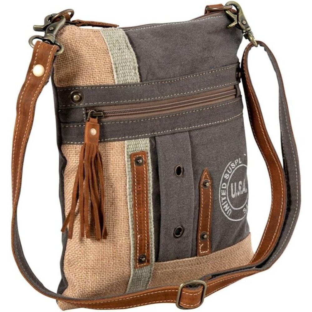 Women’s Upcycled Canvas Leather Crossbody Bag Adjustable Strap Gift - Picture 2 of 7
